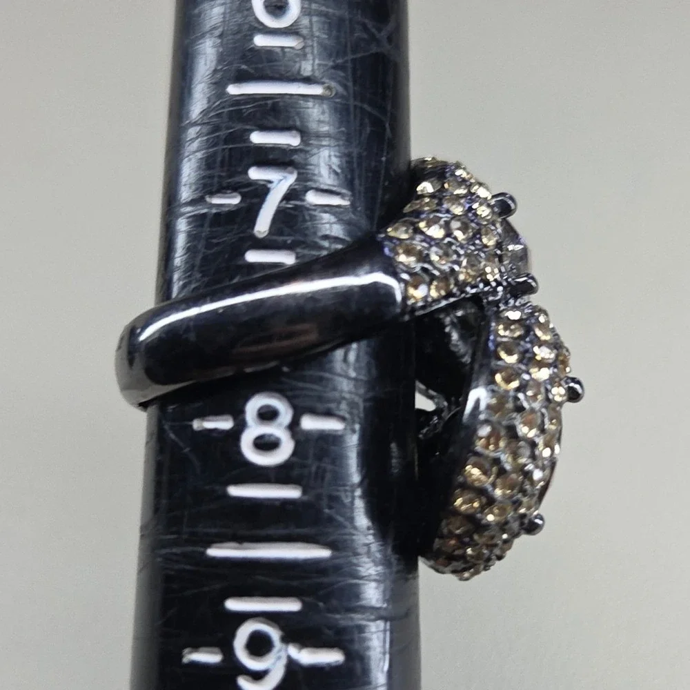 Amber Pear Crystal Bypass Cocktail Ring‎ Gunmetal Tone Pave Rhinestone Size 7.5